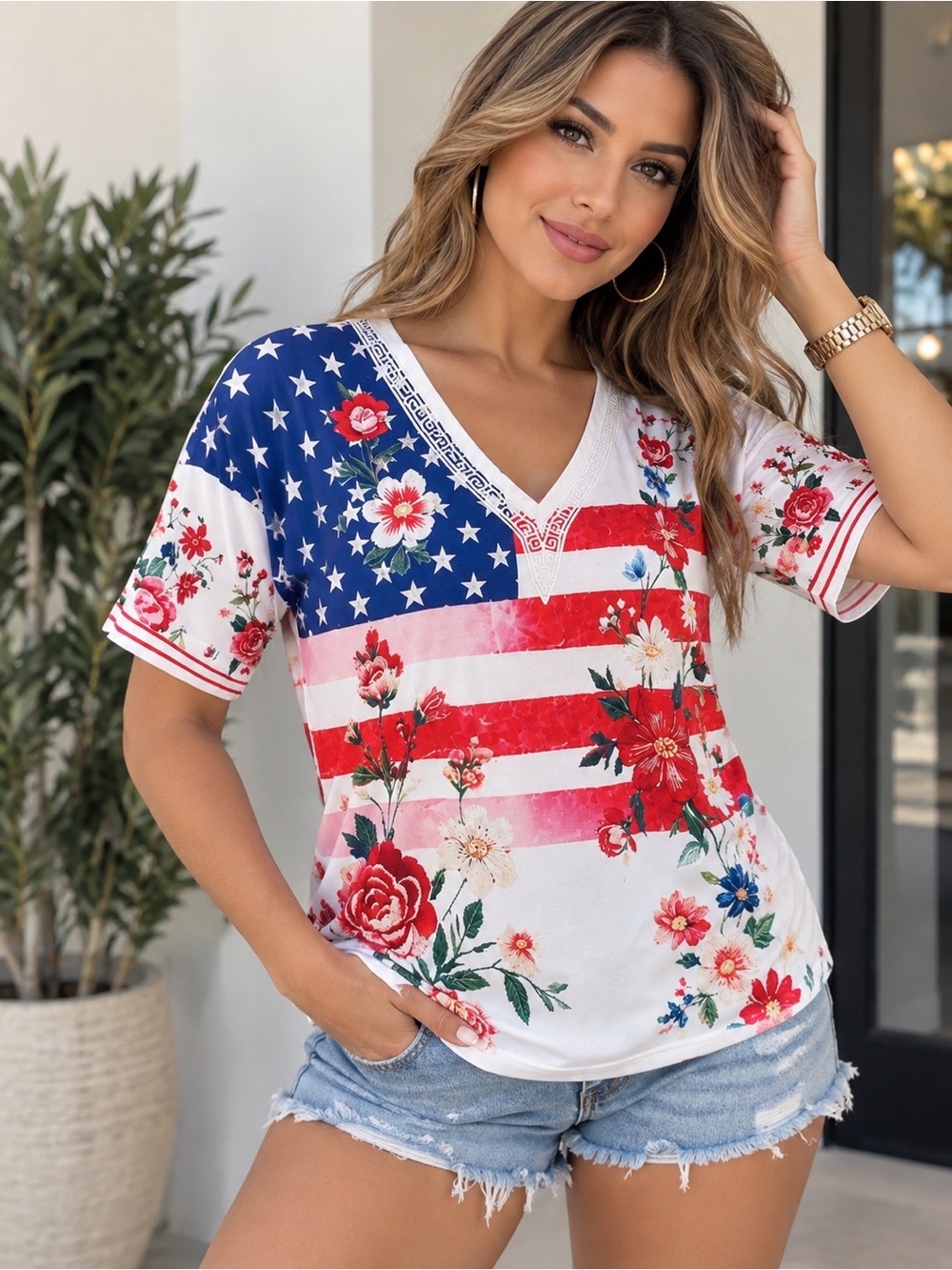 Floral American Flag V-Neck Top - Red, White & Blue